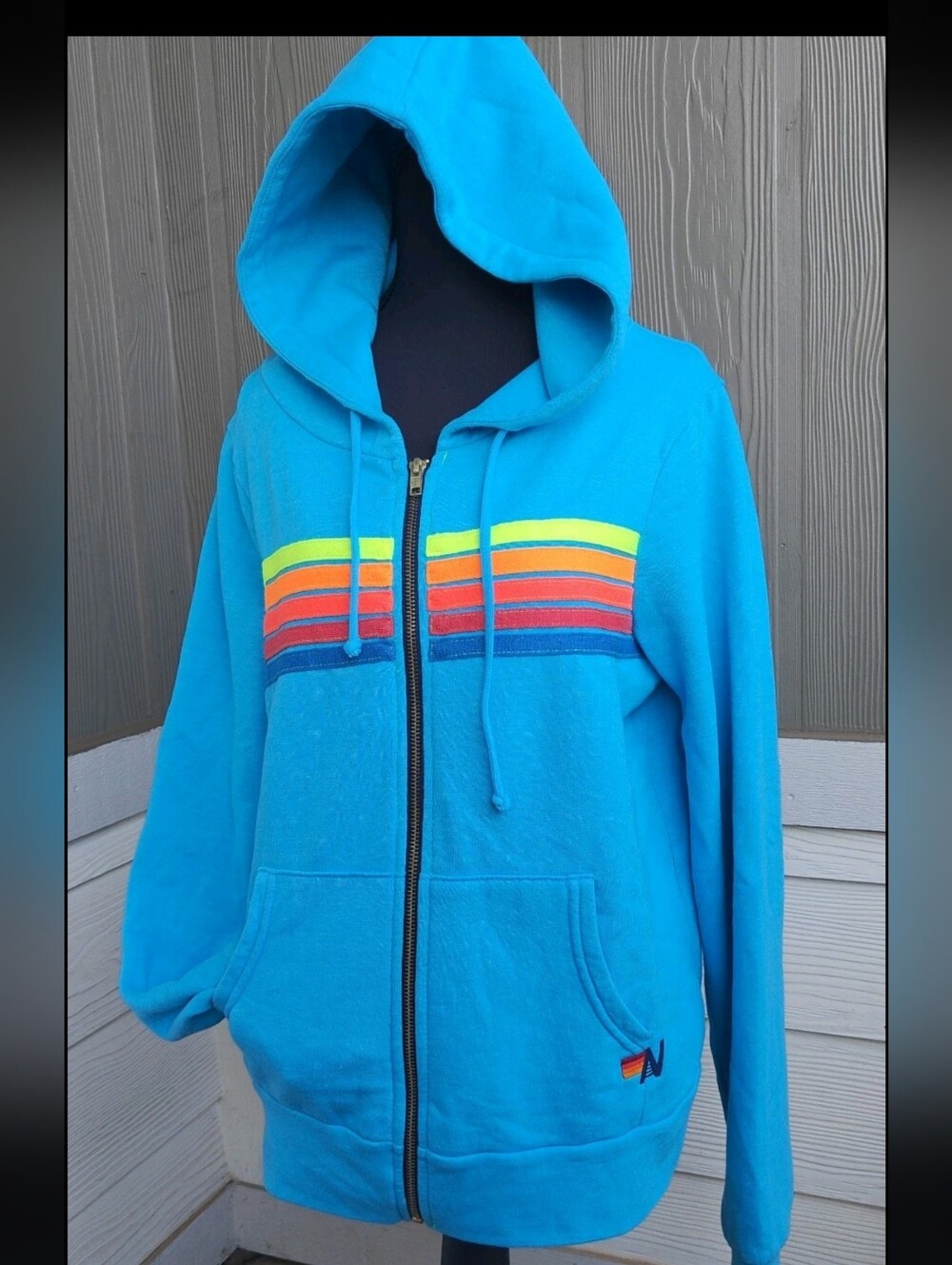 Aviator Nation Size S Aqua Blue 5 Stripe Zip-Up Hoodie Unisex